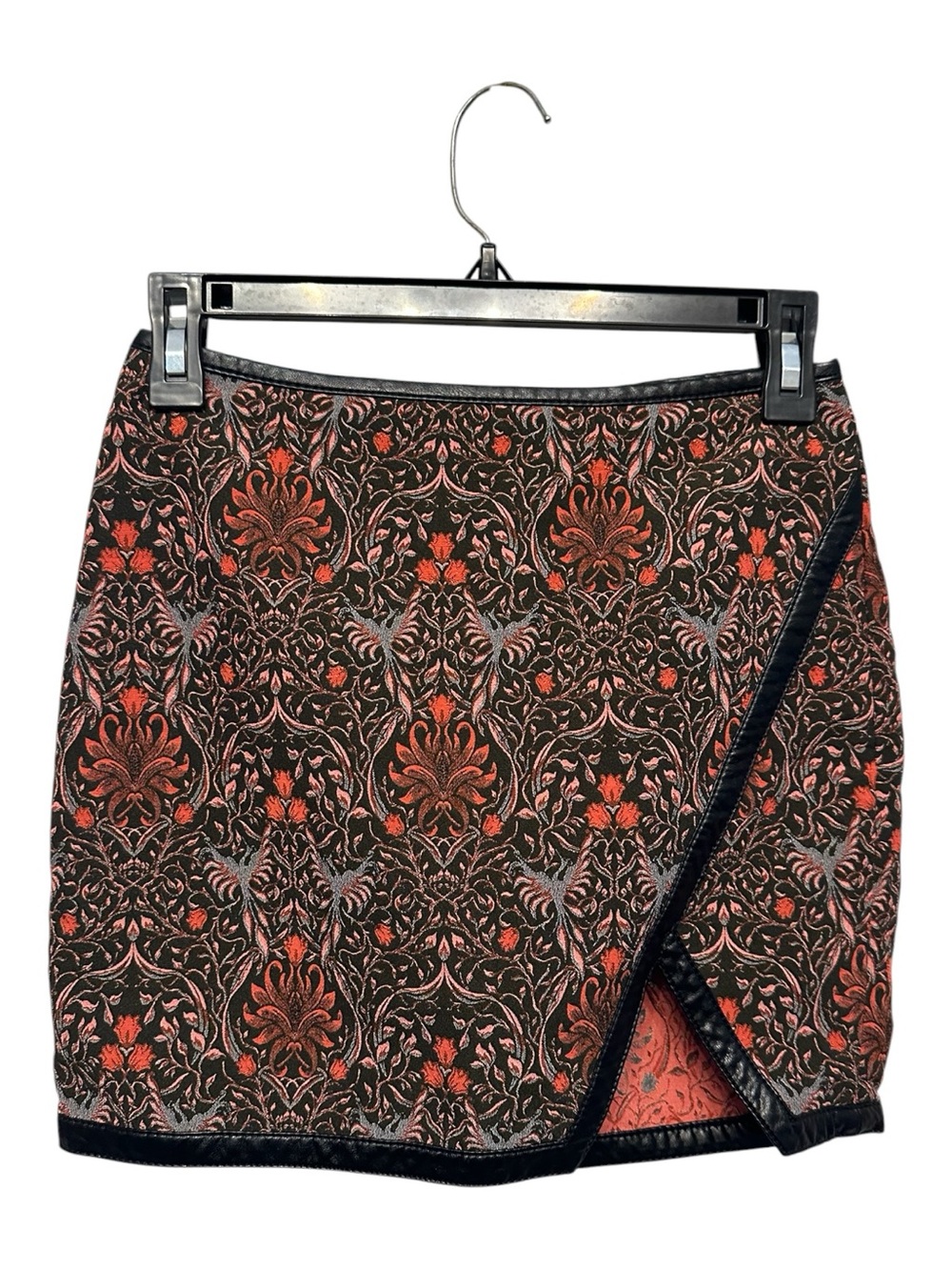 Express Faux Leather Black Trim Mini Skirt with Ornate Rust Floral Jacquard 00